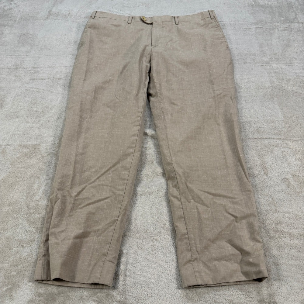 Indochino Mens 36x27 Tan Wool Linen Blend Tailored Dress Pants Flat Front Casual